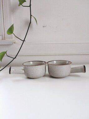 Vintage Japan Speckled Stoneware Soup Bowls Handles Set Of 2 Ceramic Handmade